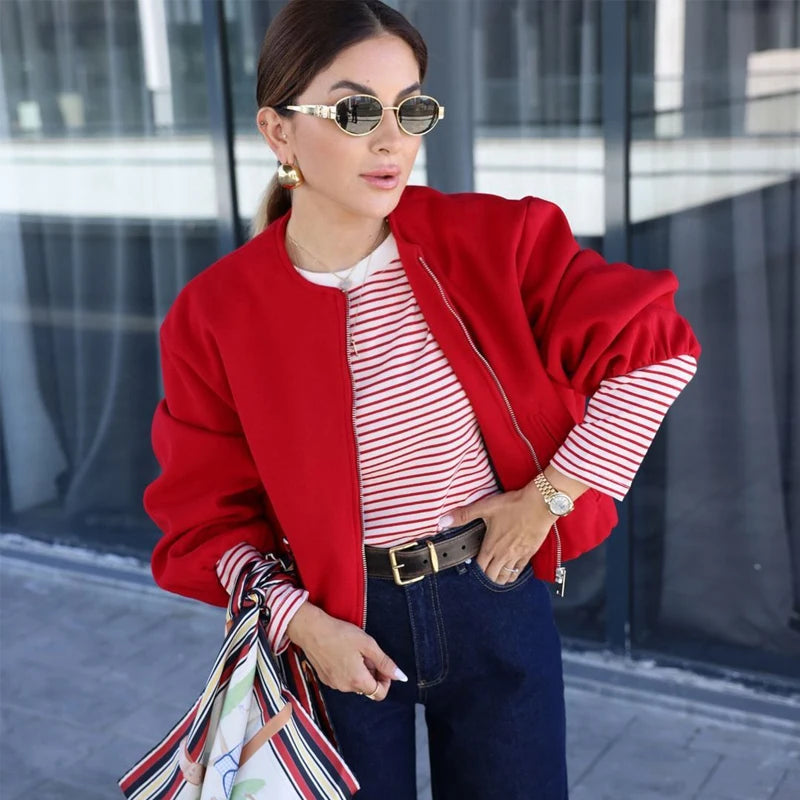 Red Zipper Bomber Jackets for Women