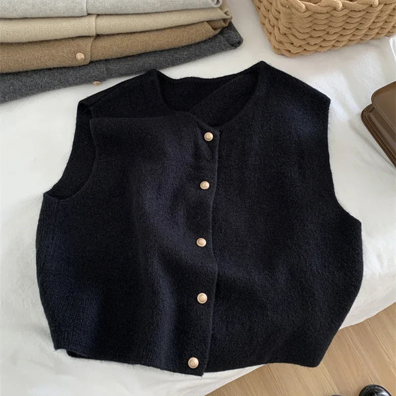 Korean Chic Knitted Sweater Vest with Gold Buttons