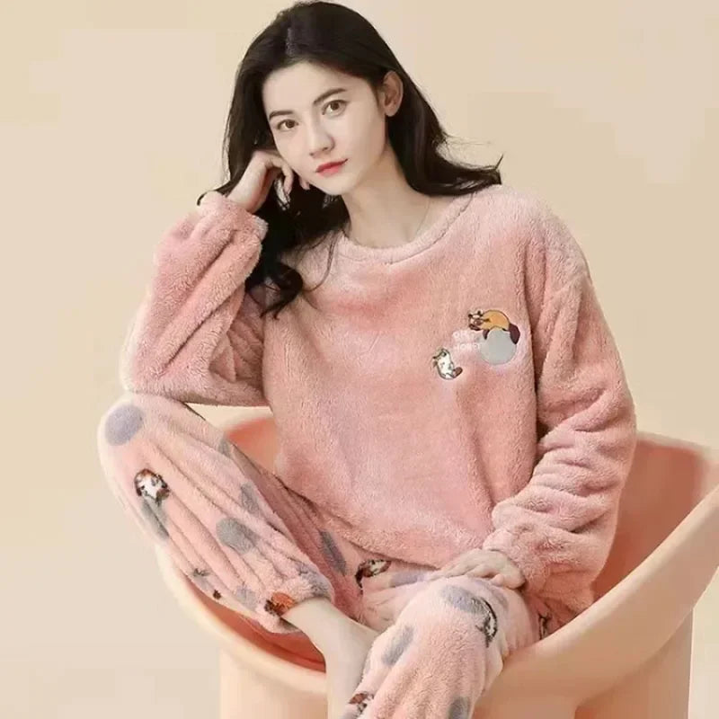 Thickened Warm Flannel Women Sleepwear Coral Velvet Pajamas Autumn Winter Cute Cartoon Bear Padded Two Sets Nightwear Casual