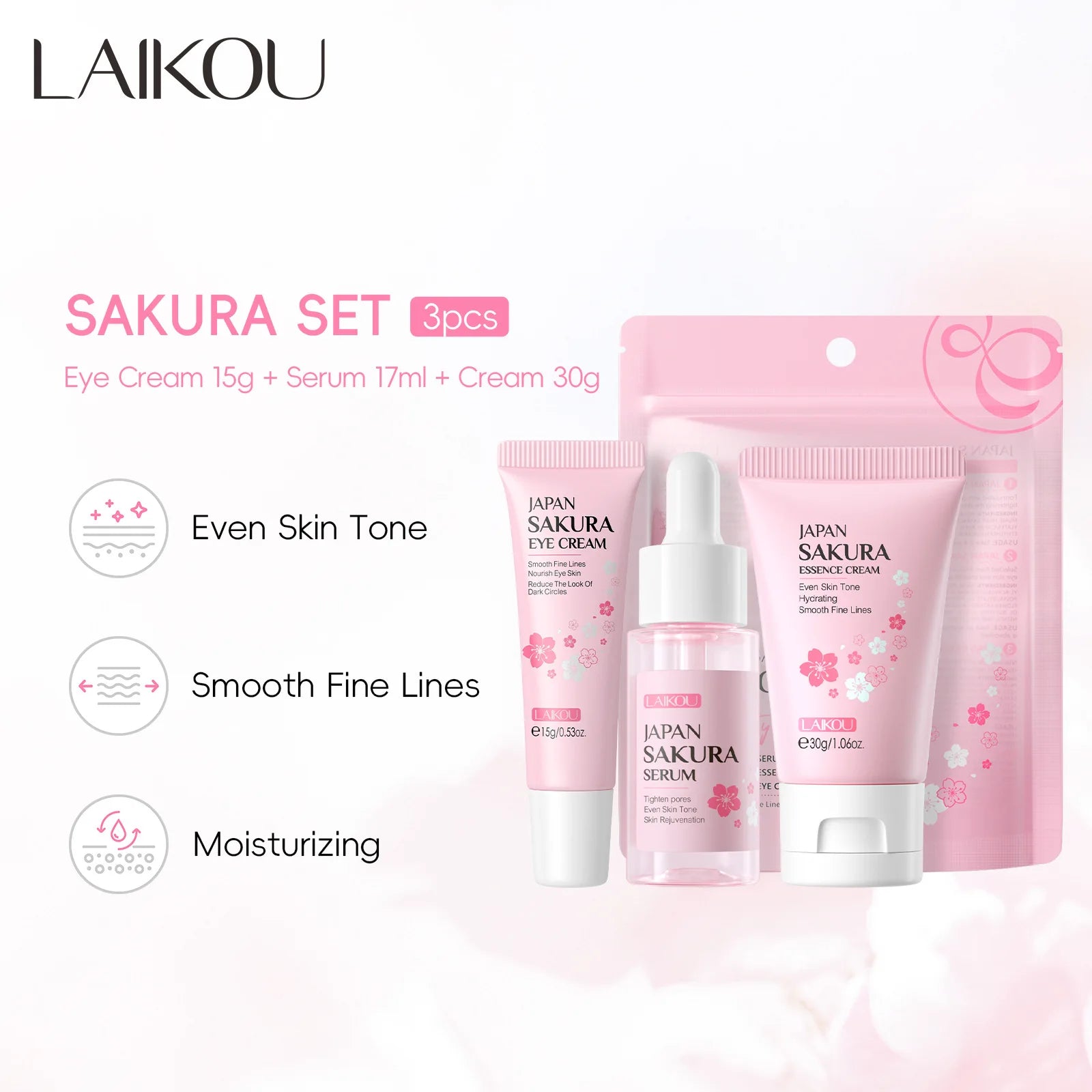3pcs/Set LAIKOU Sakura Facial Set for Hydrating Moisturizing Whitening and Brightening