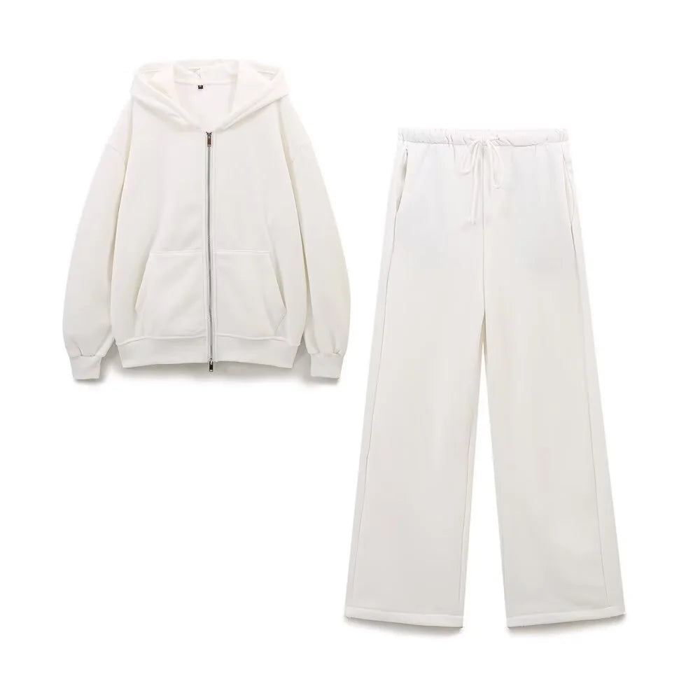 Casual Hooded Zipper Jacket & Wide-Leg Pants Set