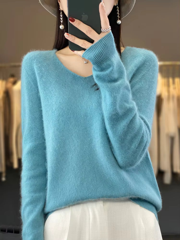 Merino Wool Sweater Cashmere Pullover Women Knitwear V-Neck Long Sleeve Top