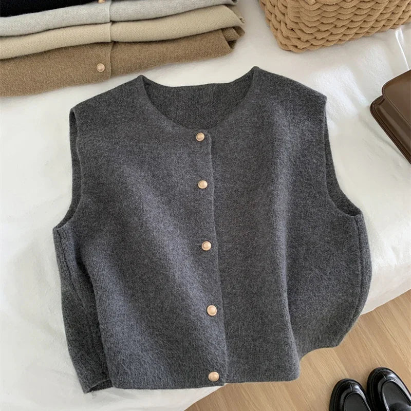 Korean Chic Knitted Sweater Vest with Gold Buttons