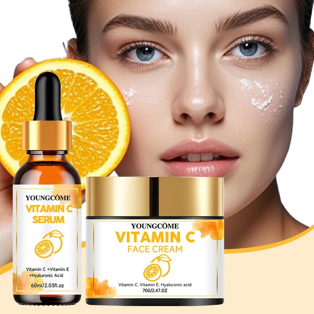 YOUNGCOME Vitamin C Skin Care Set For Women , Moisturizing Hyaluronic Acid Skin Care Routine with  Serum, Face Cream 70g+60ml