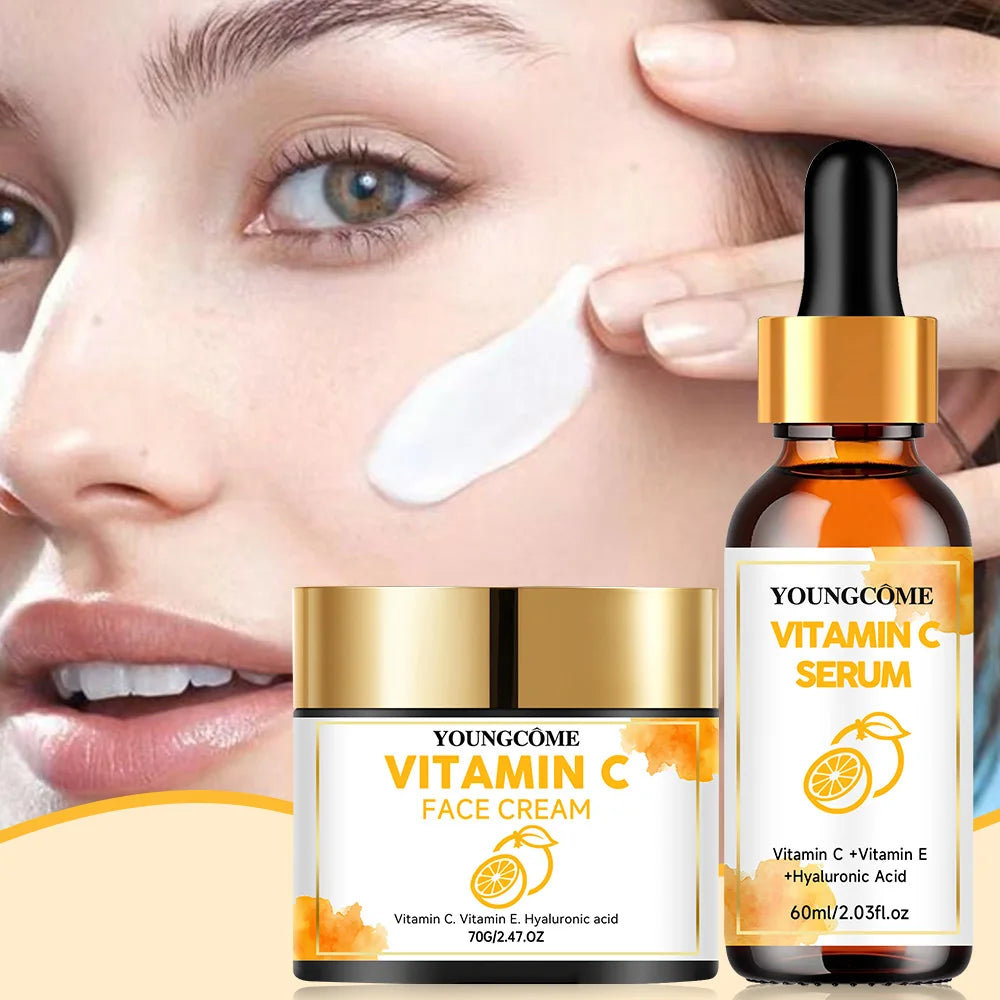 YOUNGCOME Vitamin C Skin Care Set For Women , Moisturizing Hyaluronic Acid Skin Care Routine with  Serum, Face Cream 70g+60ml
