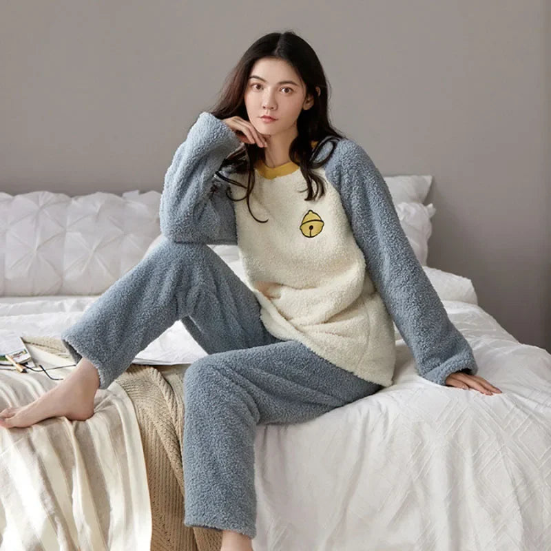 Thickened Warm Flannel Women Sleepwear Coral Velvet Pajamas Autumn Winter Cute Cartoon Bear Padded Two Sets Nightwear Casual