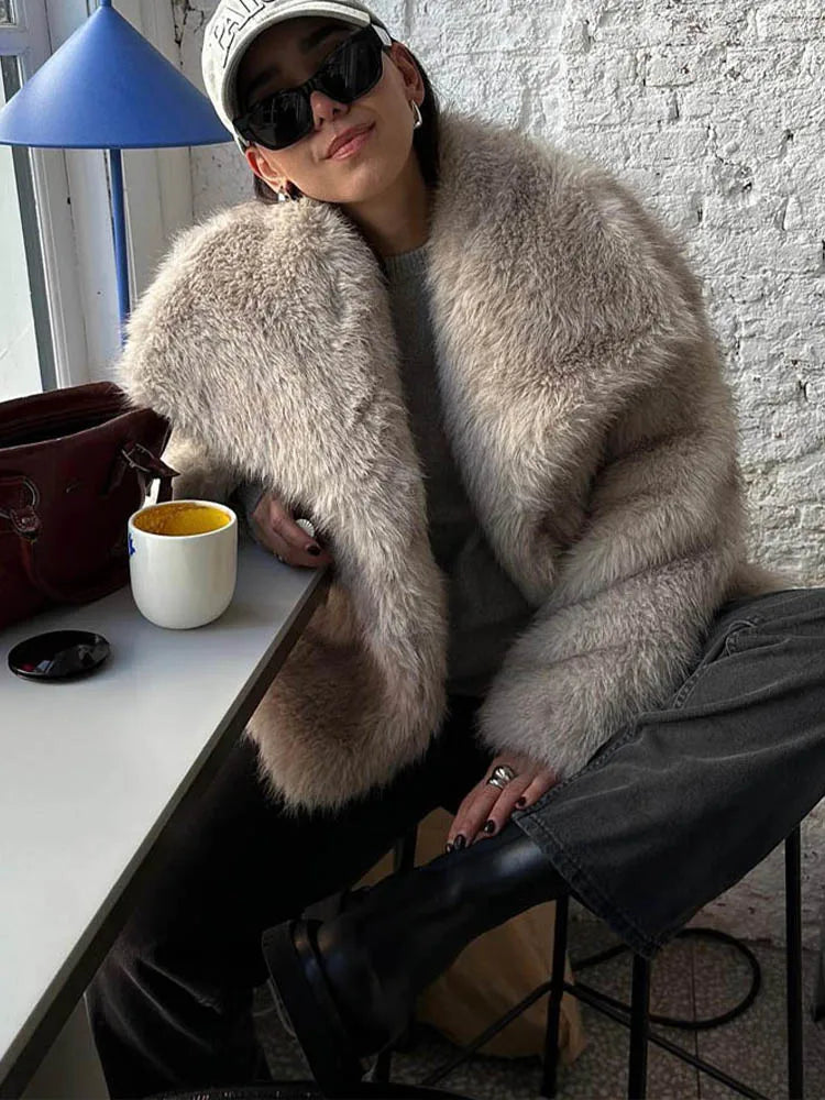 Women Fashion Cropped Faux Fur Jacket Coat