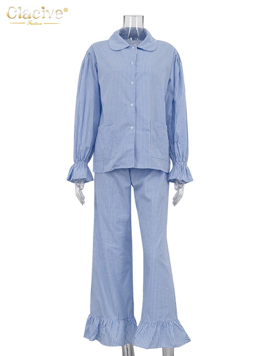 Clacive Fashion Loose Plaid Cotton Women's 3 Pieces Set 2025 Elegant Long Sleeve Shirt With High Wiast Wide Pants Set Female