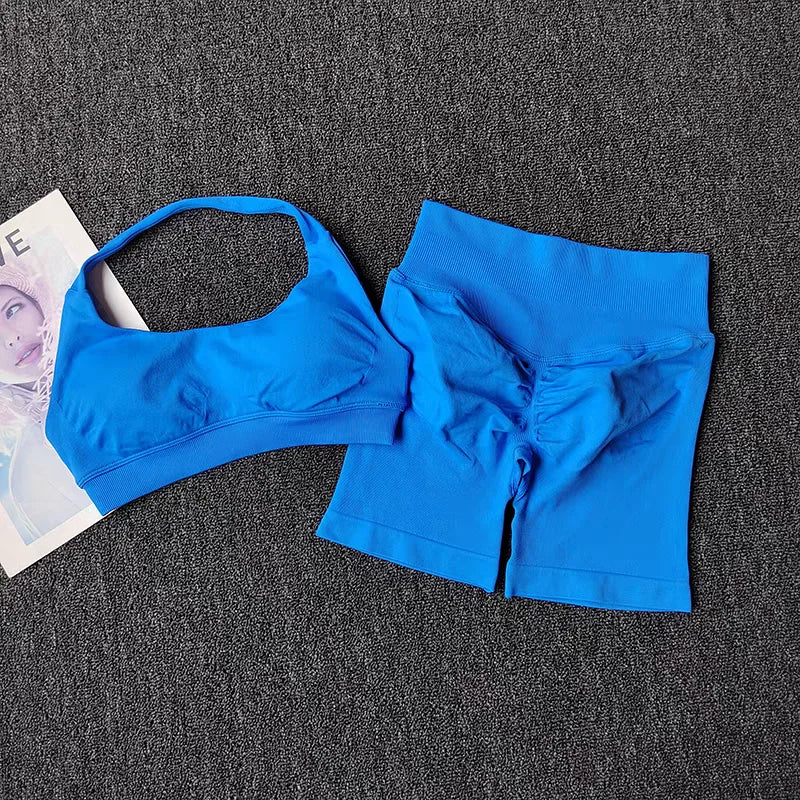 2 Pieces Yoga Suit for Women Seamless Fitness Gym Clothes Halter Sports Bra Matching Impact Shorts Workout Sets Gym Set Outfit