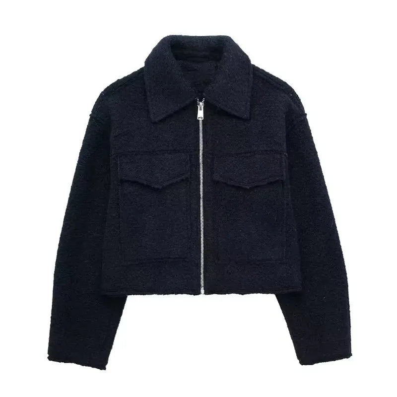 Willshela Women Fashion With Pockets Grey Front Zipper Jackets