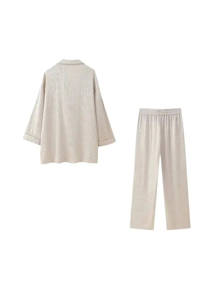 Women's Double-Breasted Loose Blazer Coat and High Elastic Waist Wide Leg Pants, Female Two Piece Sets, Fashion