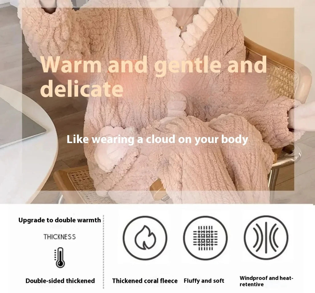 Thickened Warm Flannel Women Sleepwear Loungewear Cardigan Suit Winter Sweet Kawaii Soft Fairy Wind Ladies Pajamas Homewear