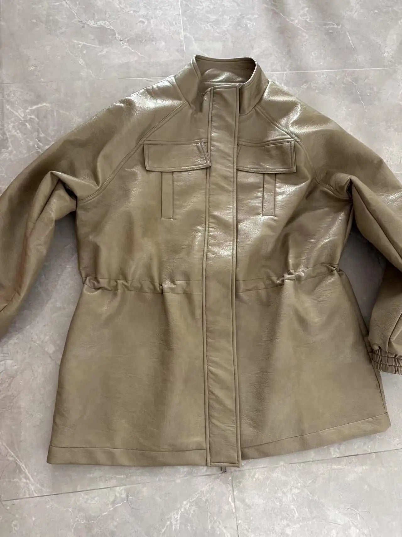 Autumn Pu Leather Jacket with Elastic adjustable waist