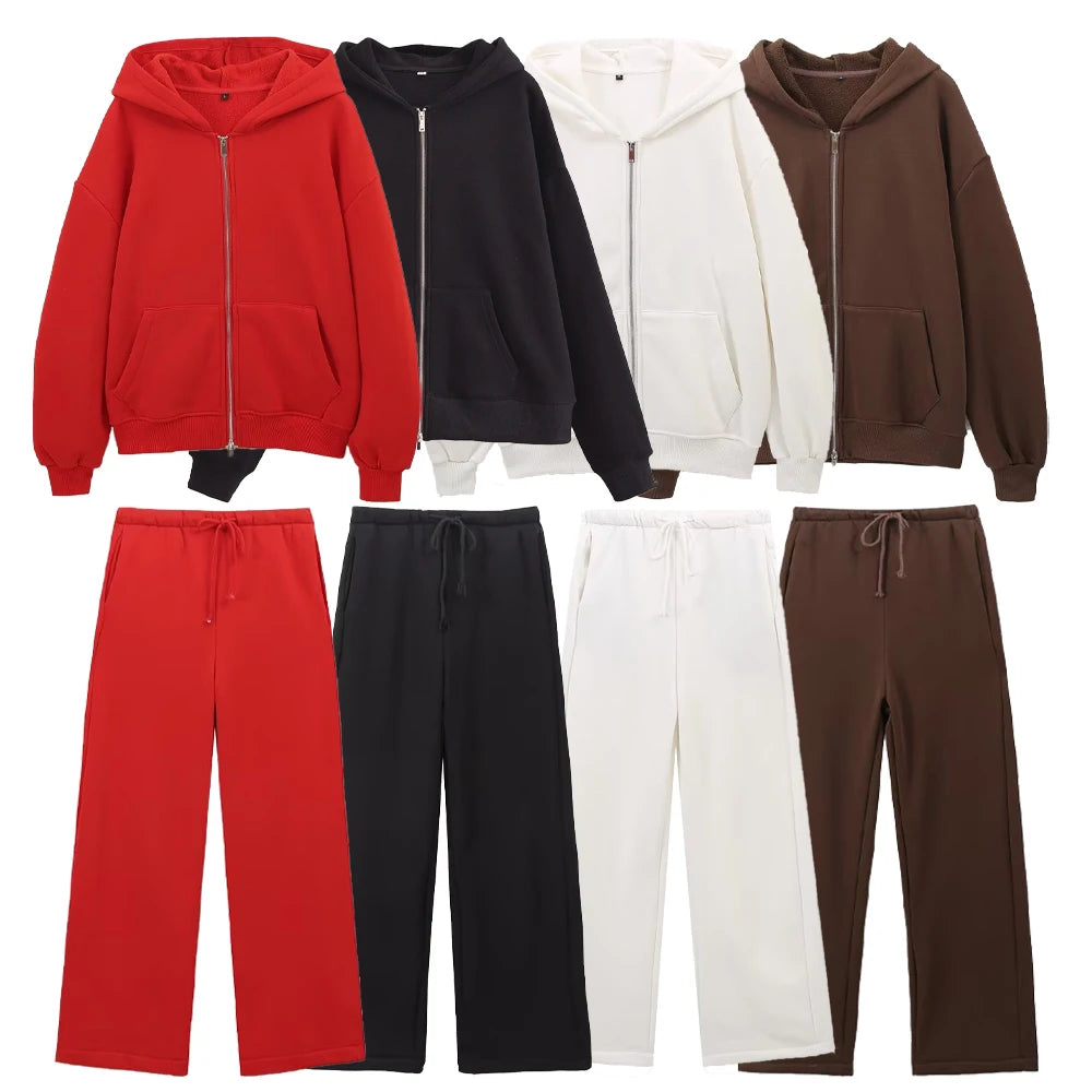 autumn new women's fashionable casual zipper decoration hooded long sleeved sportswear jacket wide leg pants set