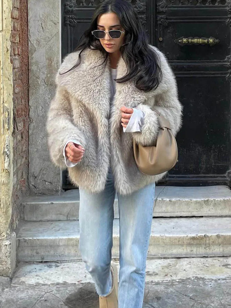 Women Fashion Cropped Faux Fur Jacket Coat