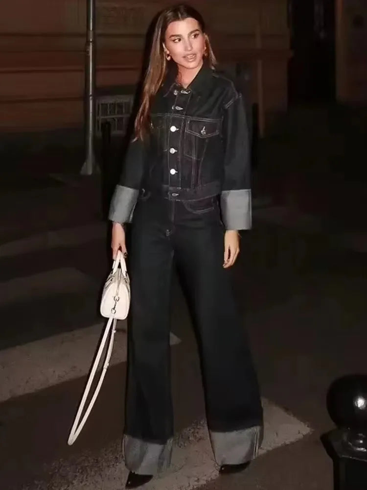 HH Women Vintage Denim Jacket Pant Sets Single Breasted Lapel Long Sleeve Coat Wide Leg Trousers Jeans High Street Outfits