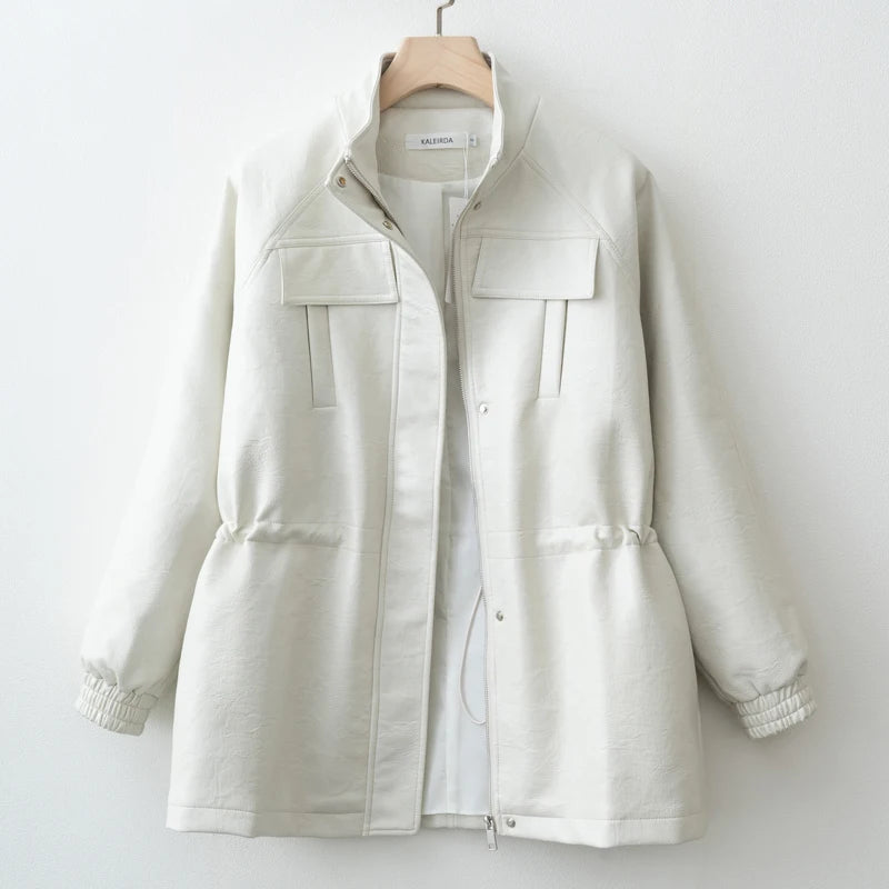 Autumn Pu Leather Jacket with Elastic adjustable waist