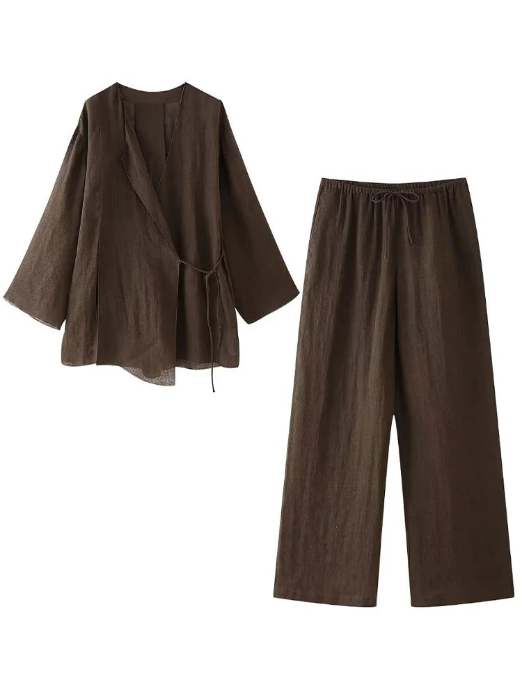 Chic Two-Piece Set – Lace-Up Top & High-Waist Pants