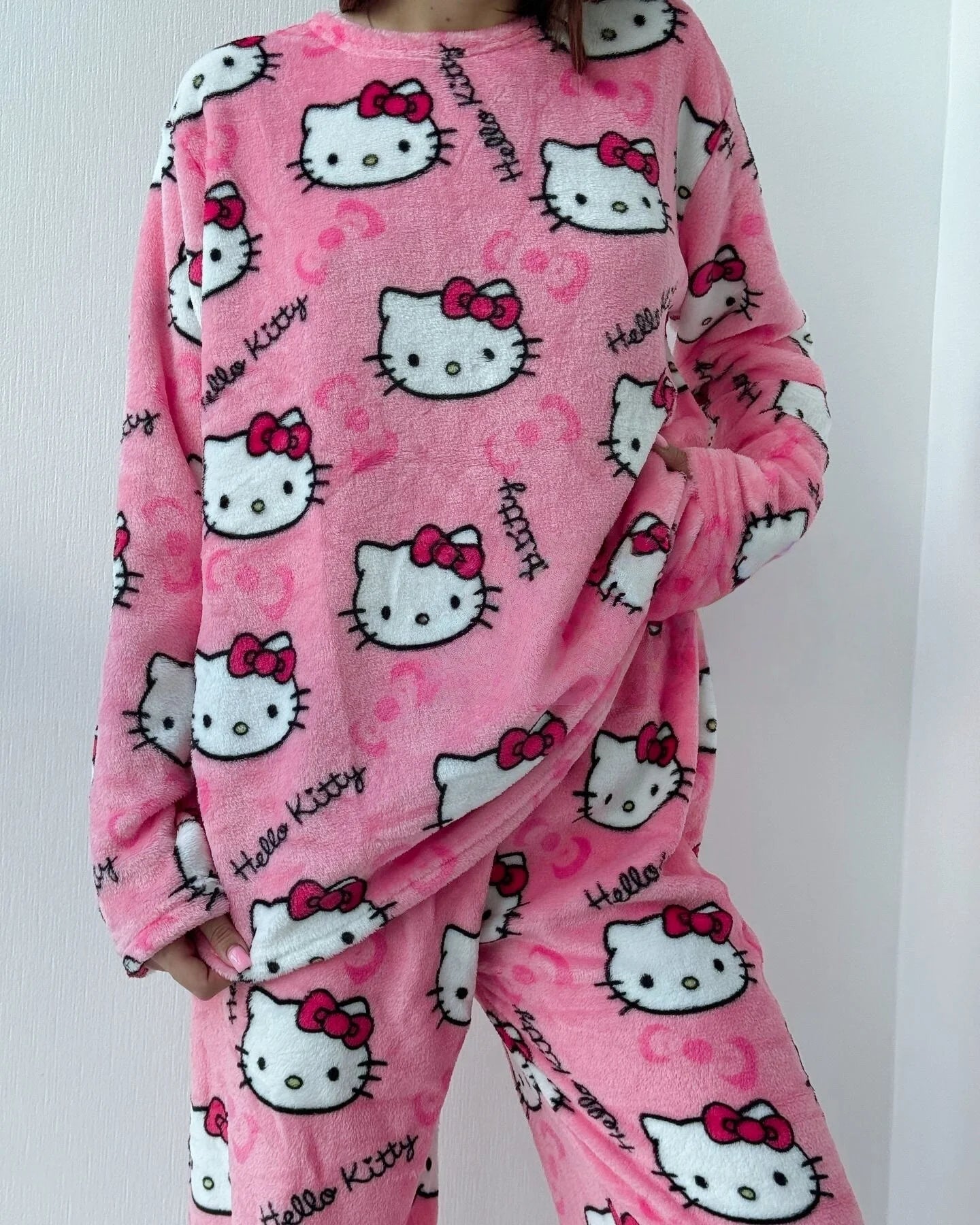 Winter Hello Kitty Pajamas Set Flannel Pants Kawaii Cartoon Pajama Suit Warm Thickened Woman Pants Plush Homewear Cute Sleepwear