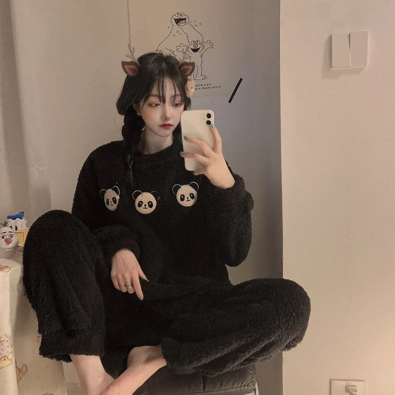 Fleece Thick Warm Women's Pajamas Set Winter Sleepwear