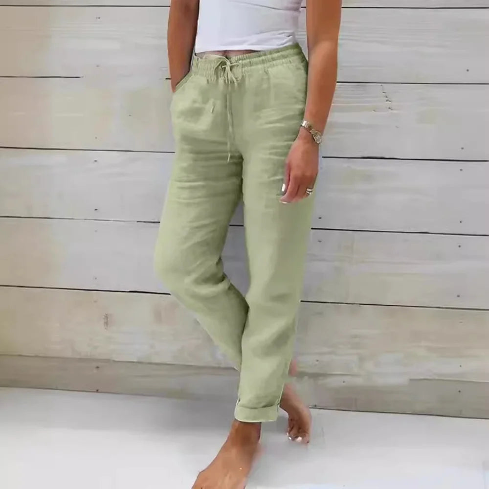 Summer Cotton Linen Pants For Women High Waist Elastic Sweatpant 2025 Loose Pencil Pant Casual Streetwear Solid Pocket Trousers