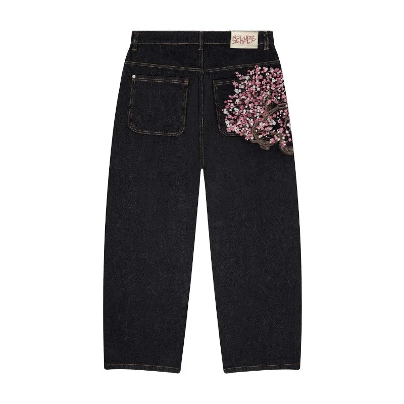 Y2K Harajuku jeans Goth vintage plum blossom embroidery pattern wide leg pants men women denim fabric American style street wear
