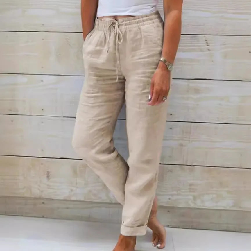 Summer Cotton Linen Pants For Women High Waist Elastic Sweatpant 2025 Loose Pencil Pant Casual Streetwear Solid Pocket Trousers