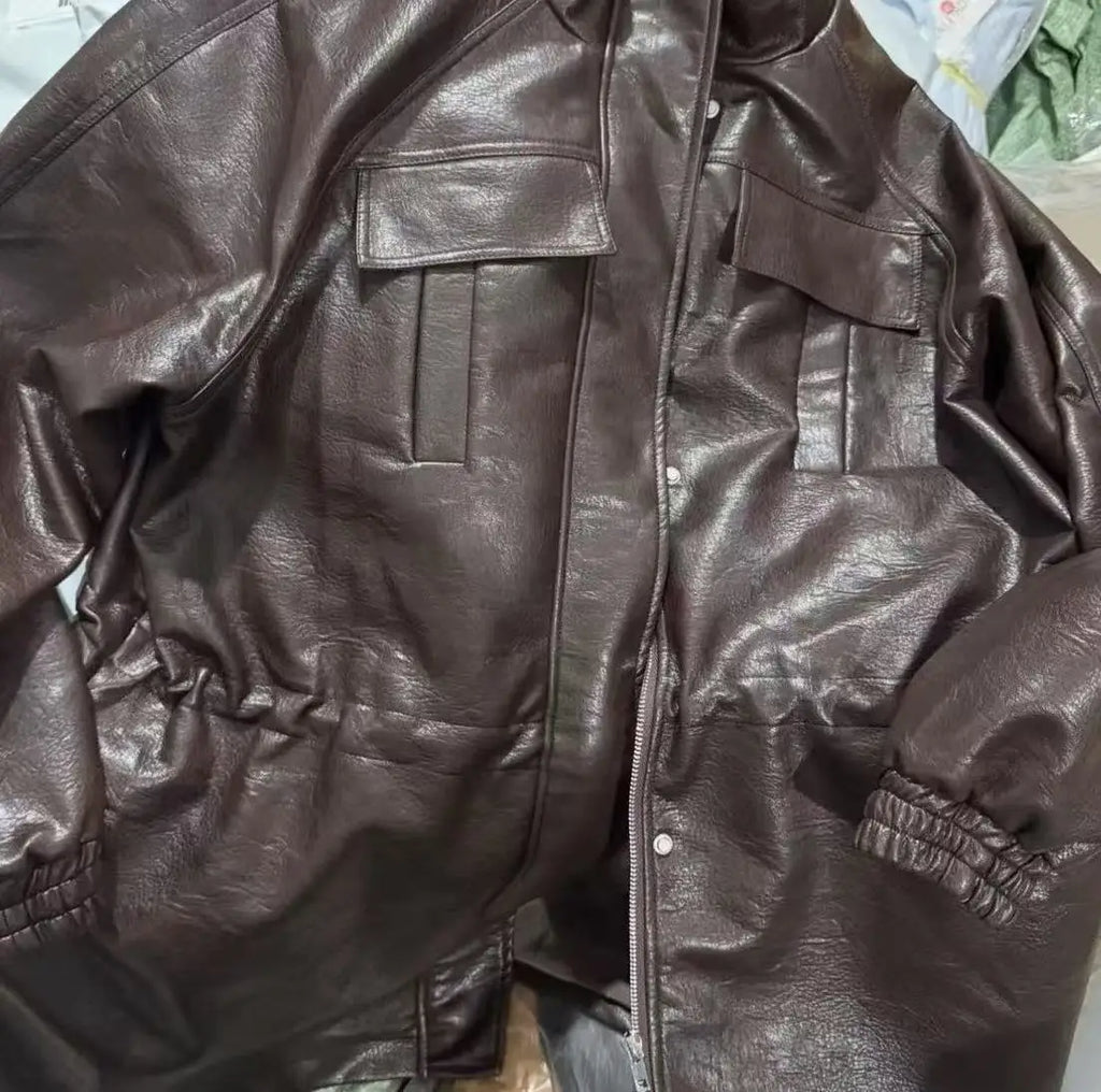 Autumn Pu Leather Jacket with Elastic adjustable waist