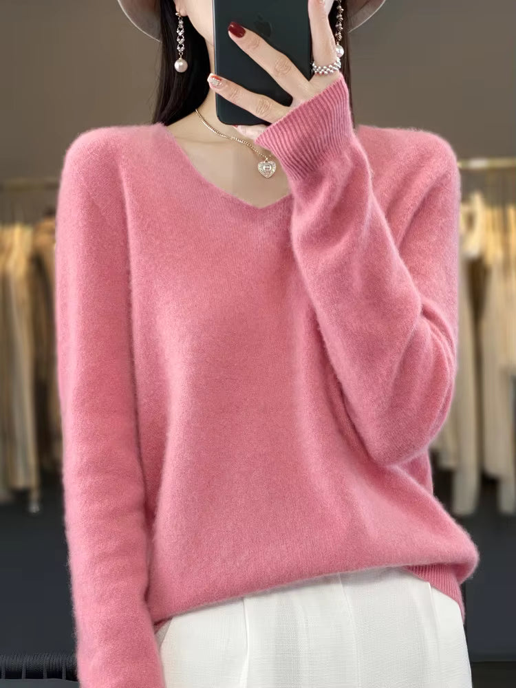 Merino Wool Sweater Cashmere Pullover Women Knitwear V-Neck Long Sleeve Top