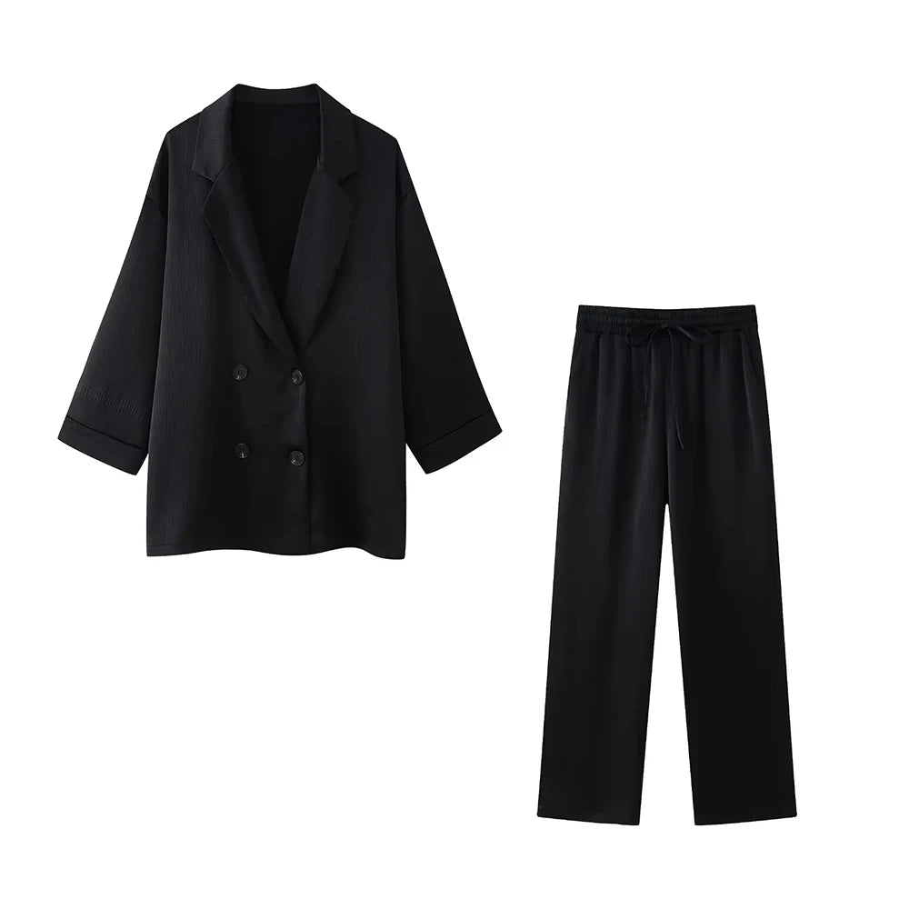 Women's Double-Breasted Loose Blazer Coat and High Elastic Waist Wide Leg Pants, Female Two Piece Sets, Fashion