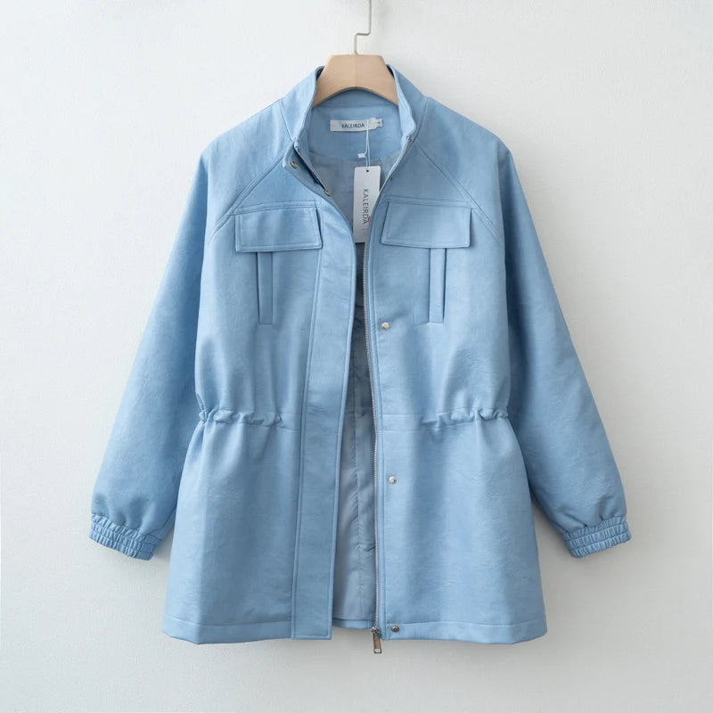 Autumn Pu Leather Jacket with Elastic adjustable waist