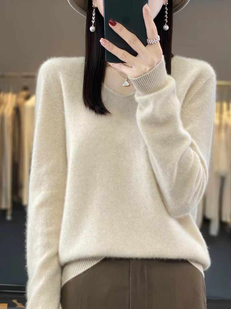 Merino Wool Sweater Cashmere Pullover Women Knitwear V-Neck Long Sleeve Top