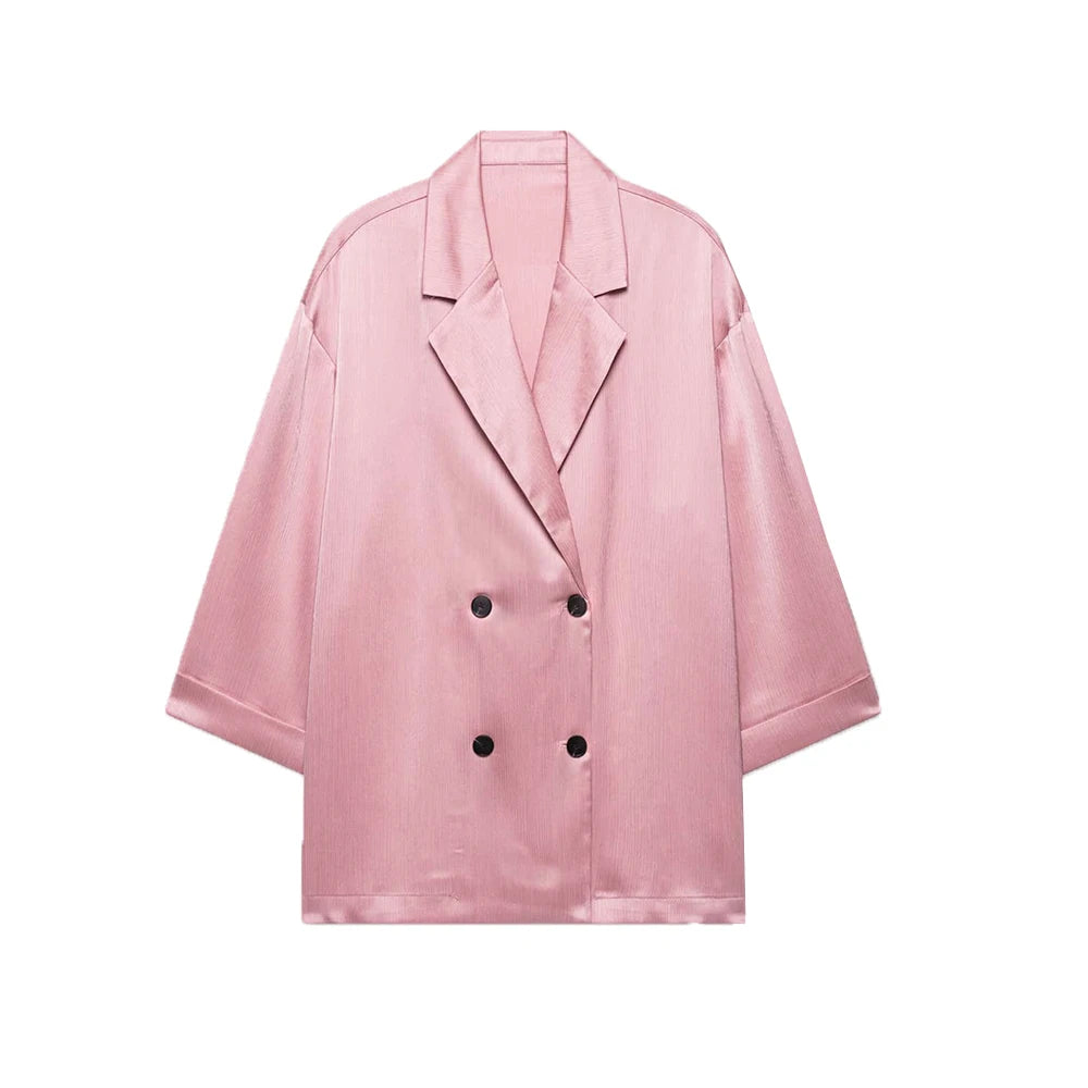 Women's Double-Breasted Loose Blazer Coat and High Elastic Waist Wide Leg Pants, Female Two Piece Sets, Fashion