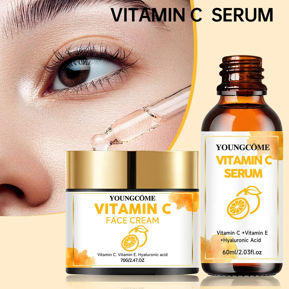 YOUNGCOME Vitamin C Skin Care Set For Women , Moisturizing Hyaluronic Acid Skin Care Routine with  Serum, Face Cream 70g+60ml