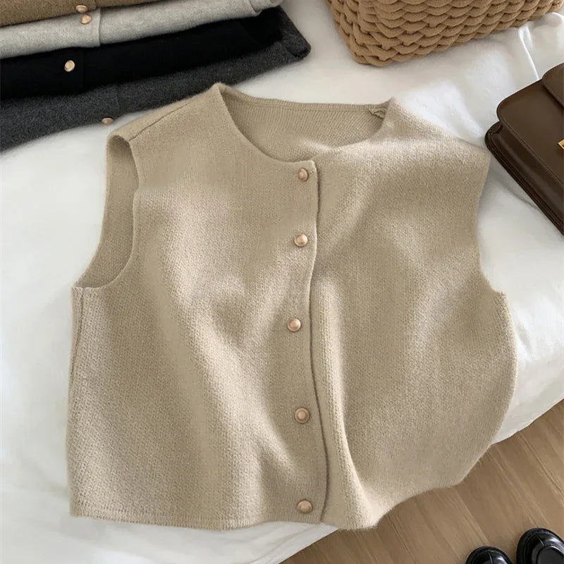 Korean Chic Knitted Sweater Vest with Gold Buttons