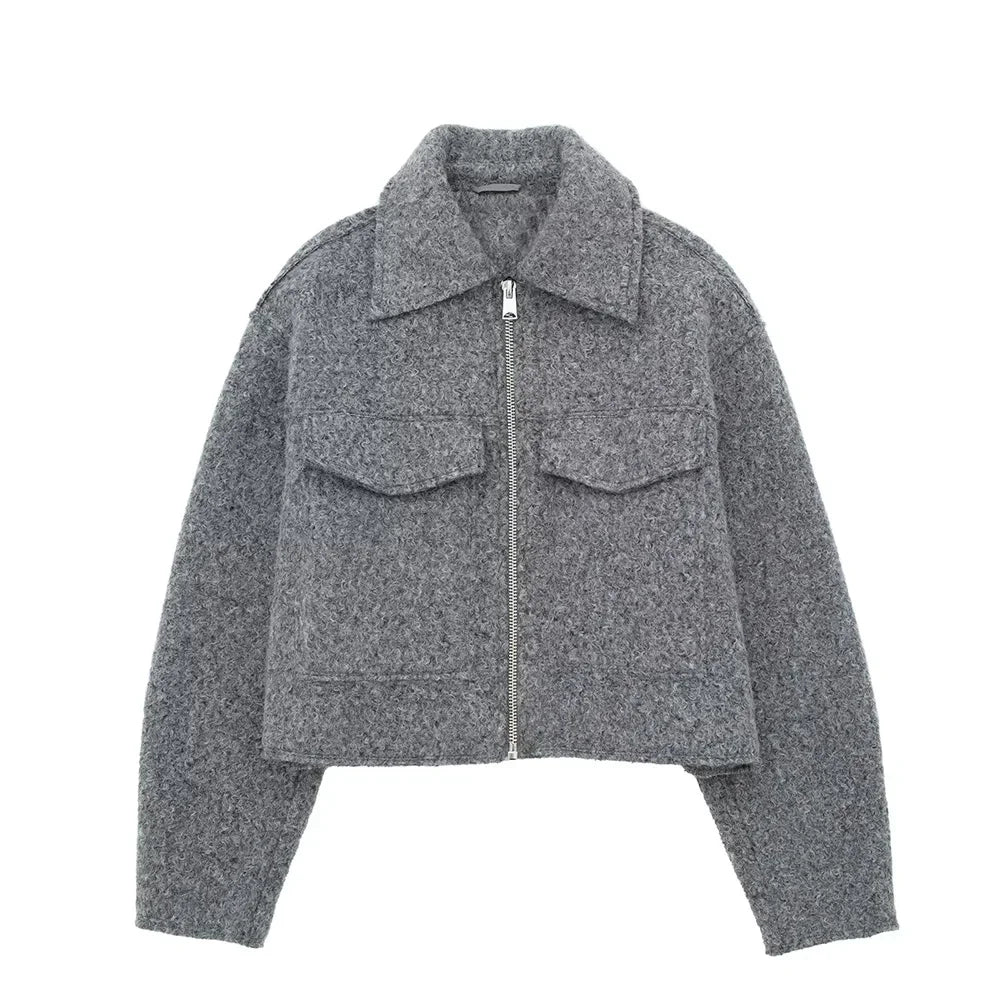 Willshela Women Fashion With Pockets Grey Front Zipper Jackets