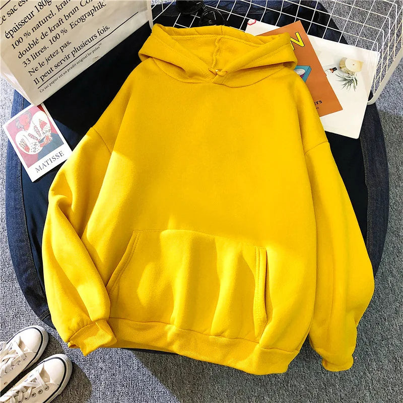 2024Autumn Casual Women's Solid Hoodie Comfortable Strecth Sweatshirts Loose Pocket Warm Clothes Fashion Street Female Pullovers