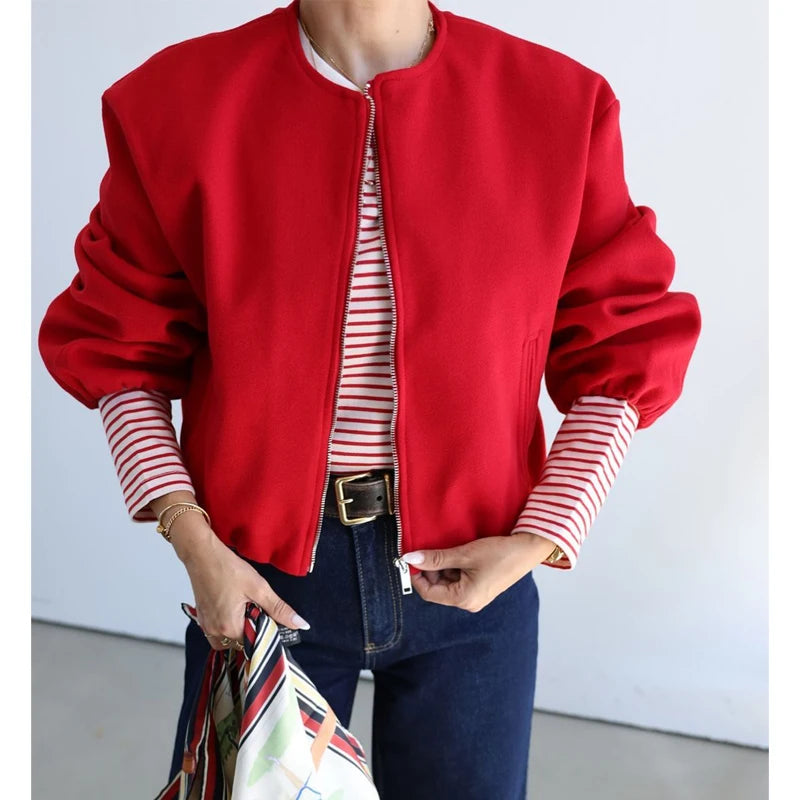 Red Zipper Bomber Jackets for Women