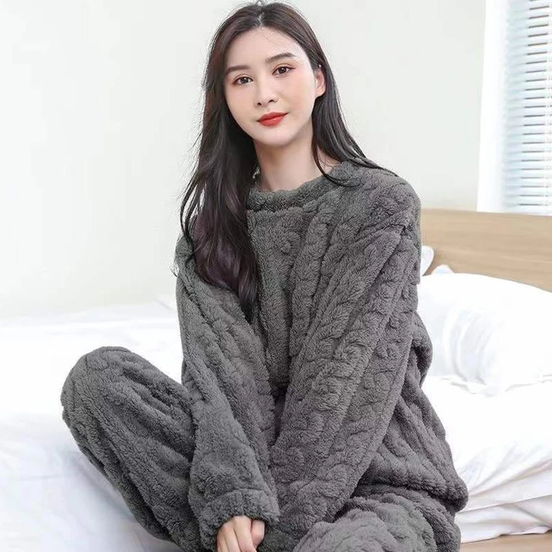 Autumn Women Solid Warm 2 Piece Sets Thicken Velvet Ribbed Fleece Set Pullover And Pants Women Casual Pajama Sets