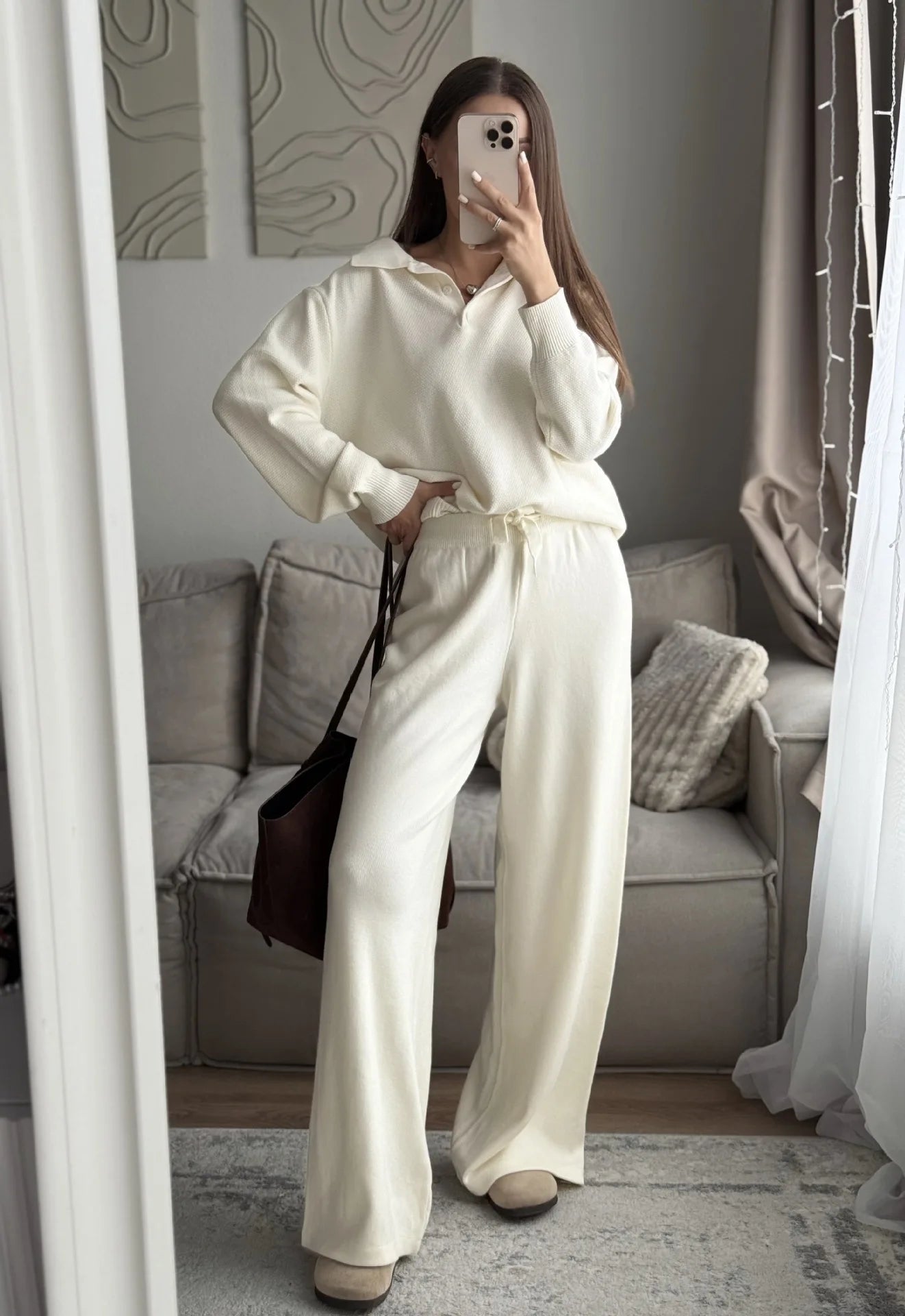 Hirsionsan Winter Thick Women Knitted Suits Soft 2 Pieces soft Female Sets Polo Neck Sweater & Wide Leg Pants Knitted Outfit
