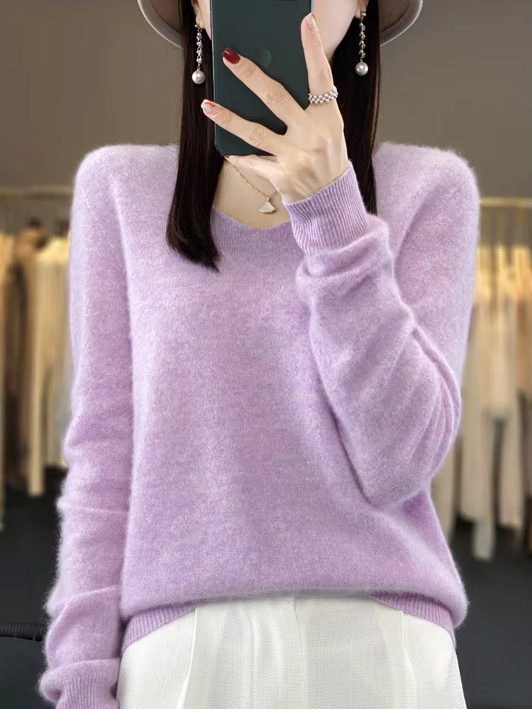 Merino Wool Sweater Cashmere Pullover Women Knitwear V-Neck Long Sleeve Top