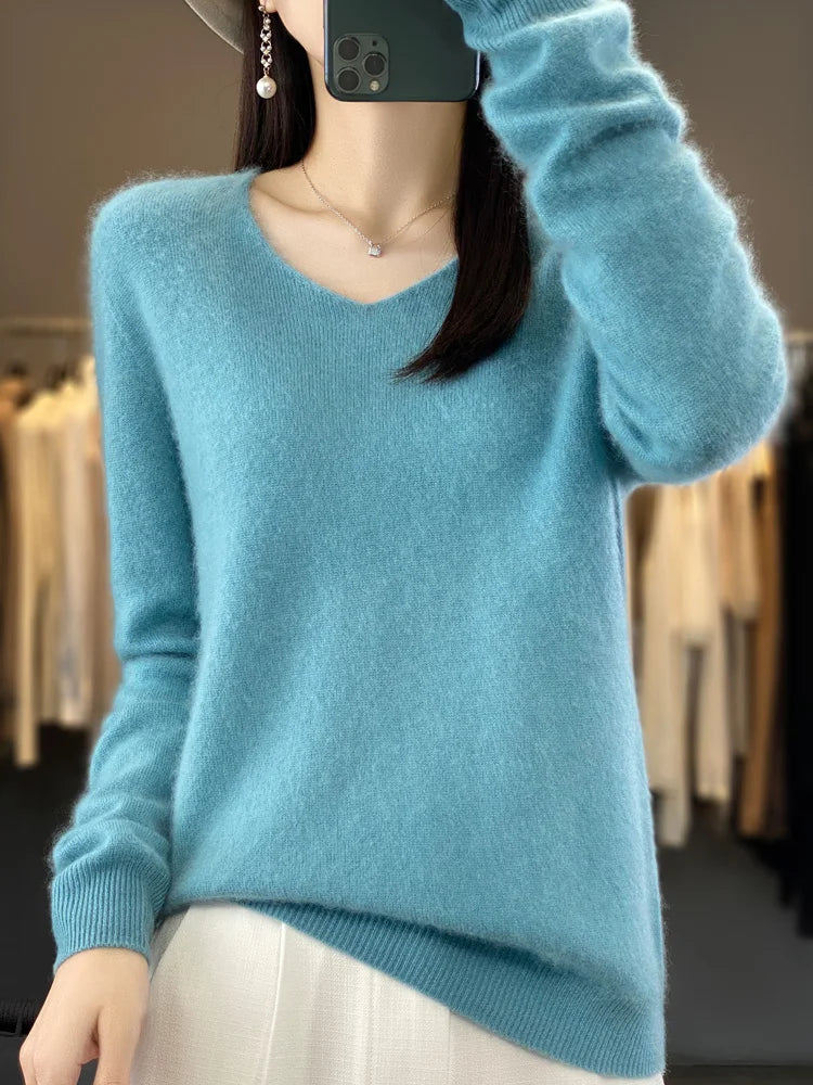Merino Wool Sweater Cashmere Pullover Women Knitwear V-Neck Long Sleeve Top