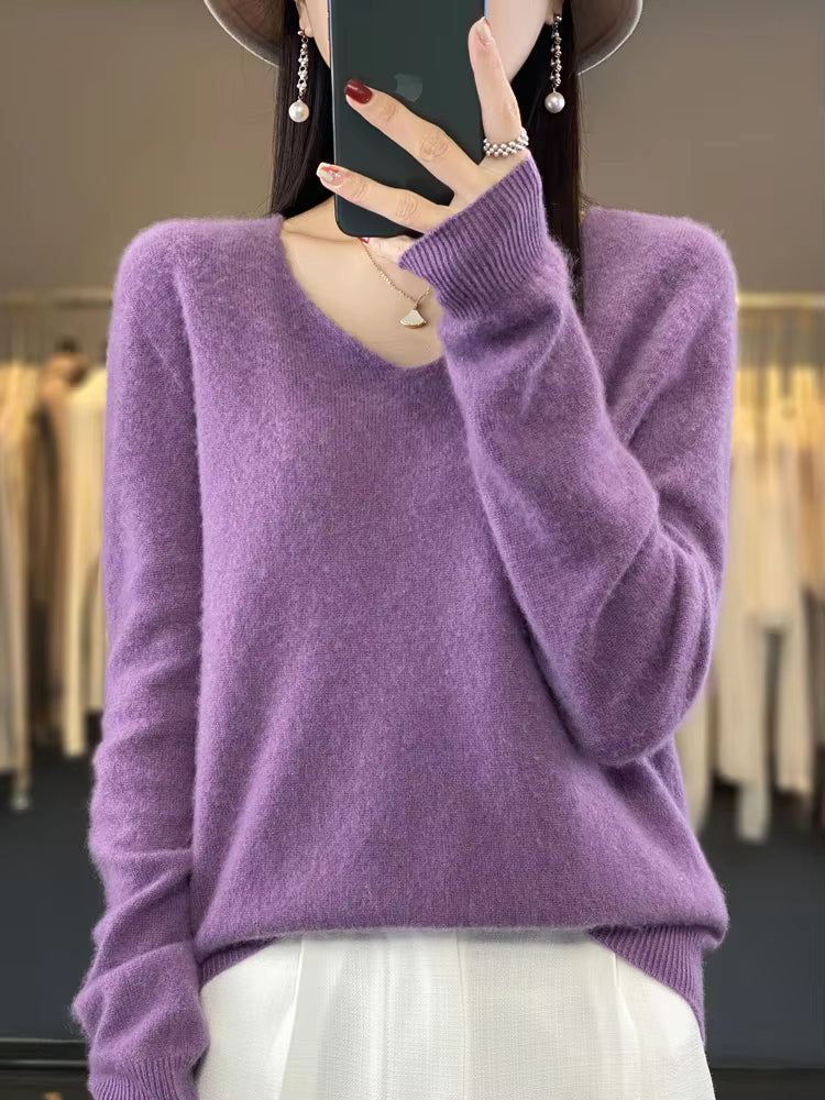 Merino Wool Sweater Cashmere Pullover Women Knitwear V-Neck Long Sleeve Top