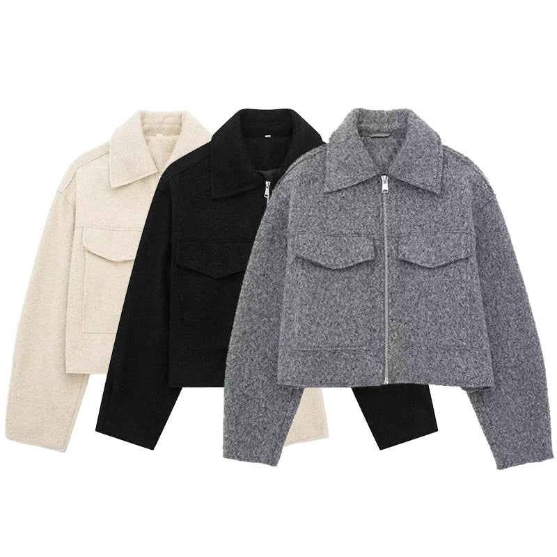 Willshela Women Fashion With Pockets Grey Front Zipper Jackets