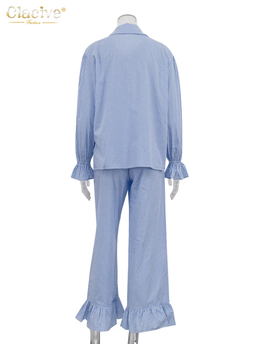 Clacive Fashion Loose Plaid Cotton Women's 3 Pieces Set 2025 Elegant Long Sleeve Shirt With High Wiast Wide Pants Set Female