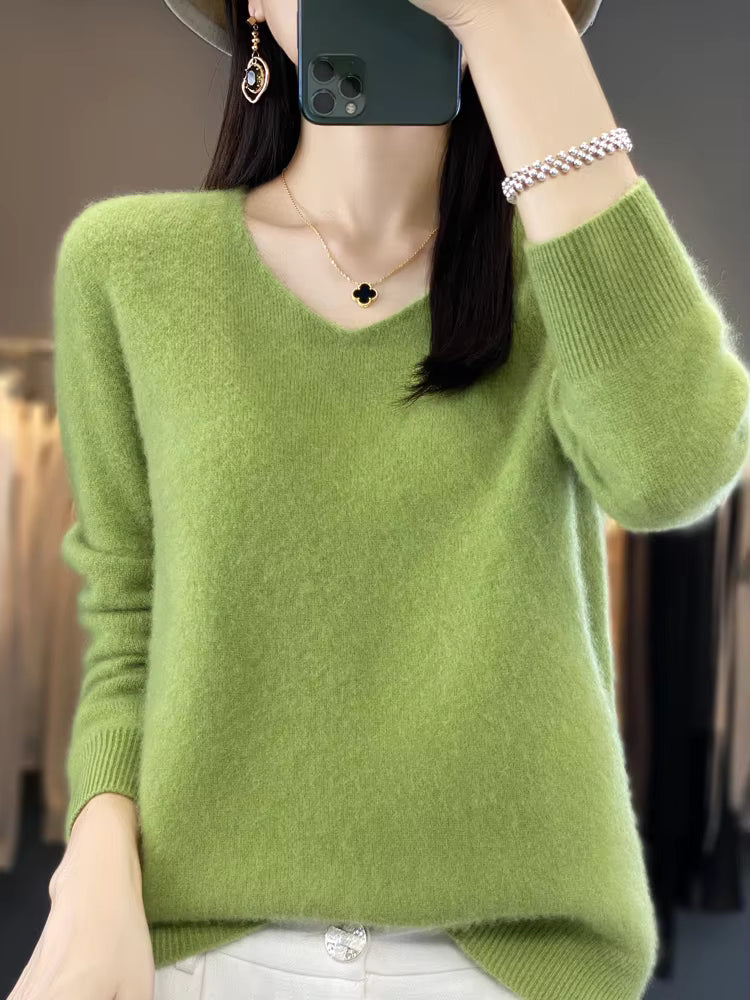 Merino Wool Sweater Cashmere Pullover Women Knitwear V-Neck Long Sleeve Top