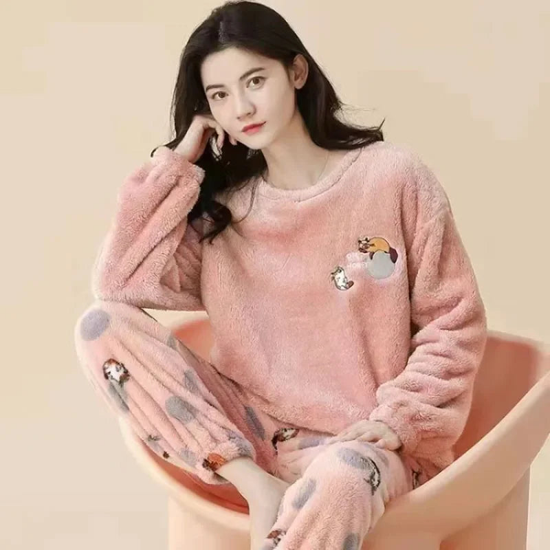 Thickened Warm Flannel Women Sleepwear Coral Velvet Pajamas Autumn Winter Cute Cartoon Bear Padded Two Sets Nightwear Casual