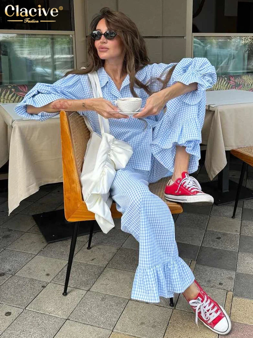 Clacive Fashion Loose Plaid Cotton Women's 3 Pieces Set 2025 Elegant Long Sleeve Shirt With High Wiast Wide Pants Set Female