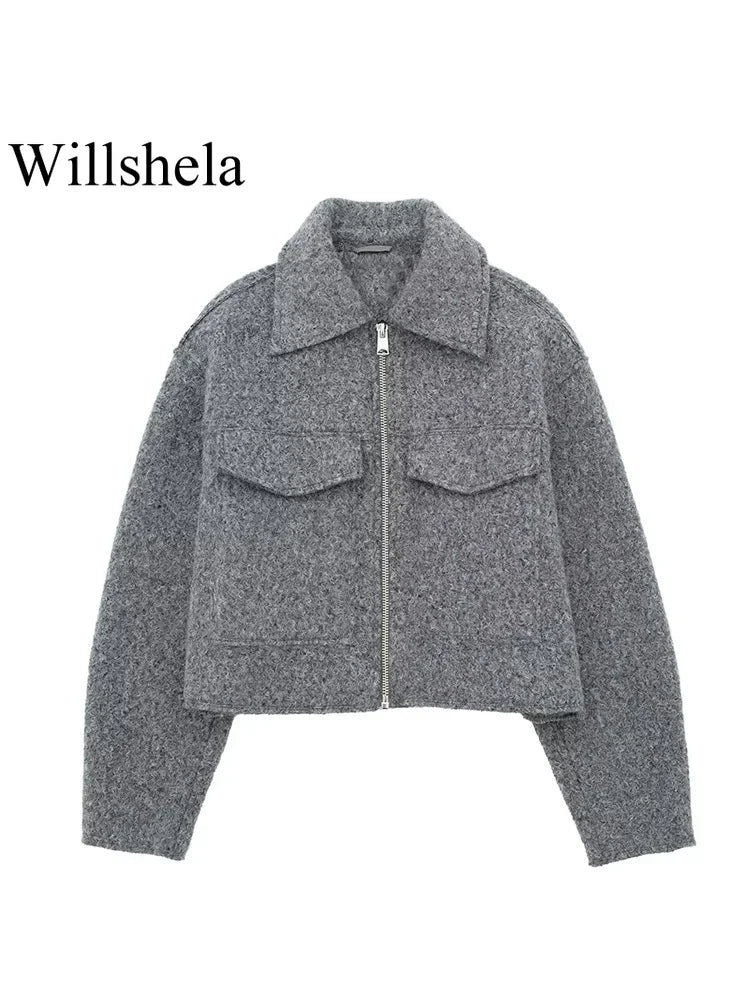 Willshela Women Fashion With Pockets Grey Front Zipper Jackets
