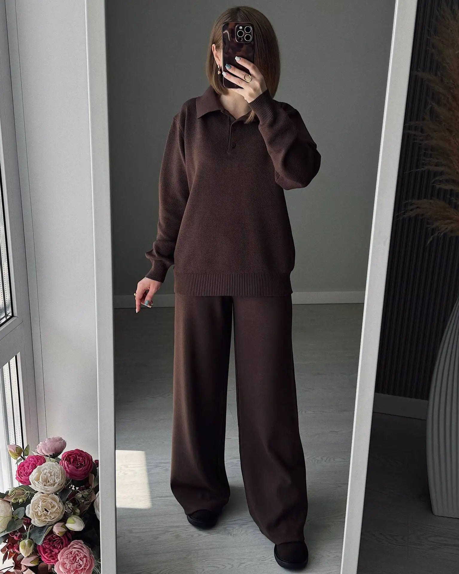 Hirsionsan Winter Thick Women Knitted Suits Soft 2 Pieces soft Female Sets Polo Neck Sweater & Wide Leg Pants Knitted Outfit